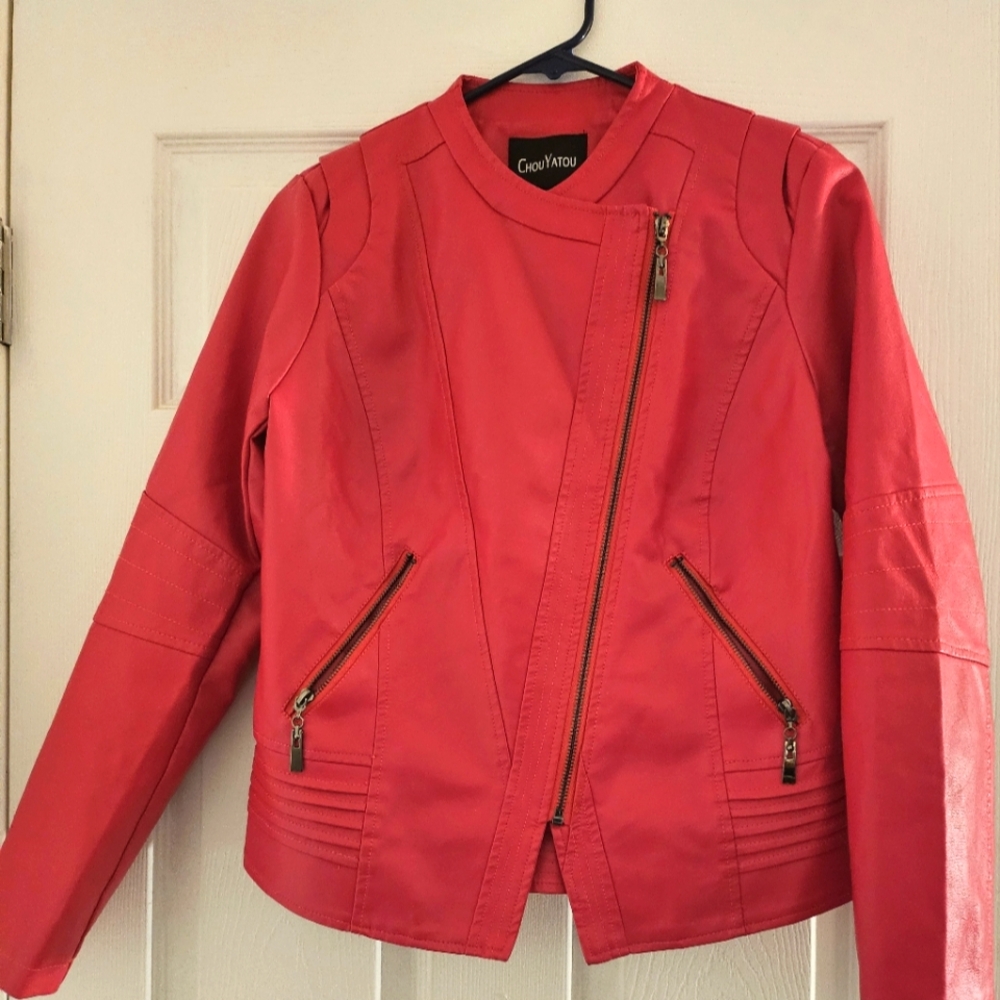 Chou‎ Yatou Bright Pink Faux Leather Collarless Biker Jacket